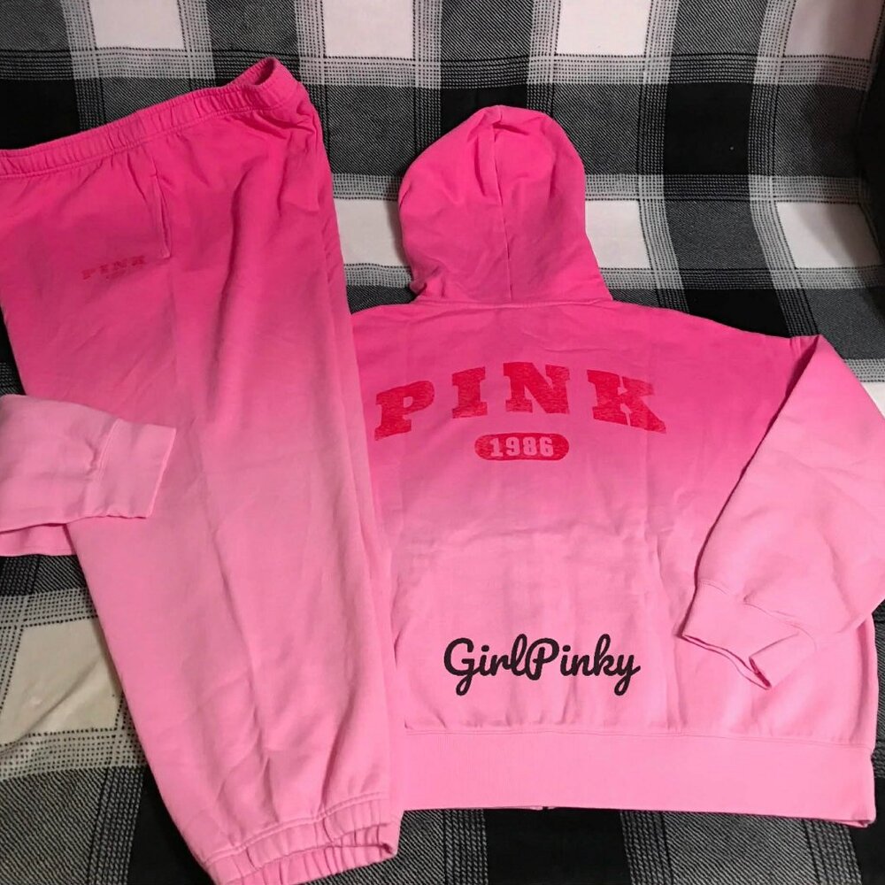VS PINK SWEATPANTS OUTFIT & FULL ZIP LOGO HOODIE IN PINK LOLLIPOP DIP DYE IN XL